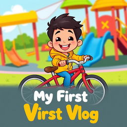 A cartoon-style illustration of a child joyfully pedaling a red bicycle in a colorful children’s play area, surrounded by playful slides and swings