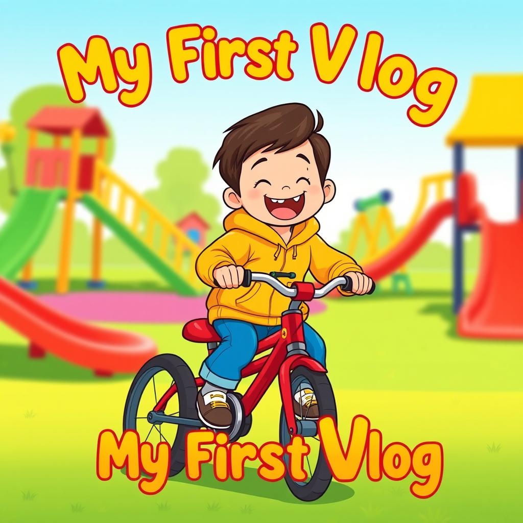 A cartoon-style illustration of a child joyfully pedaling a red bicycle in a colorful children’s play area, surrounded by playful slides and swings