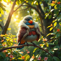 A whimsical and colorful scene featuring a bird wearing a stylish, fluffy coat