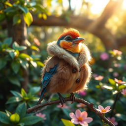 A whimsical and colorful scene featuring a bird wearing a stylish, fluffy coat