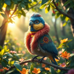 A whimsical and colorful scene featuring a bird wearing a stylish, fluffy coat