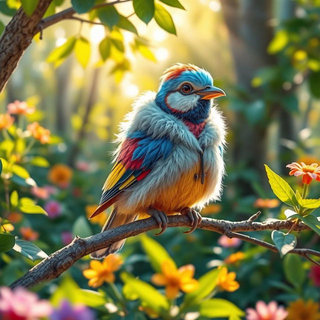 A whimsical and colorful scene featuring a bird wearing a stylish, fluffy coat