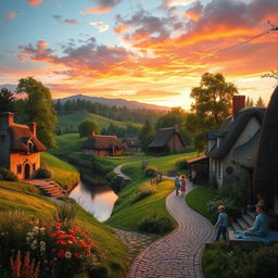 A serene village landscape during sunset, featuring quaint, rustic cottages with thatched roofs nestled among lush green hills