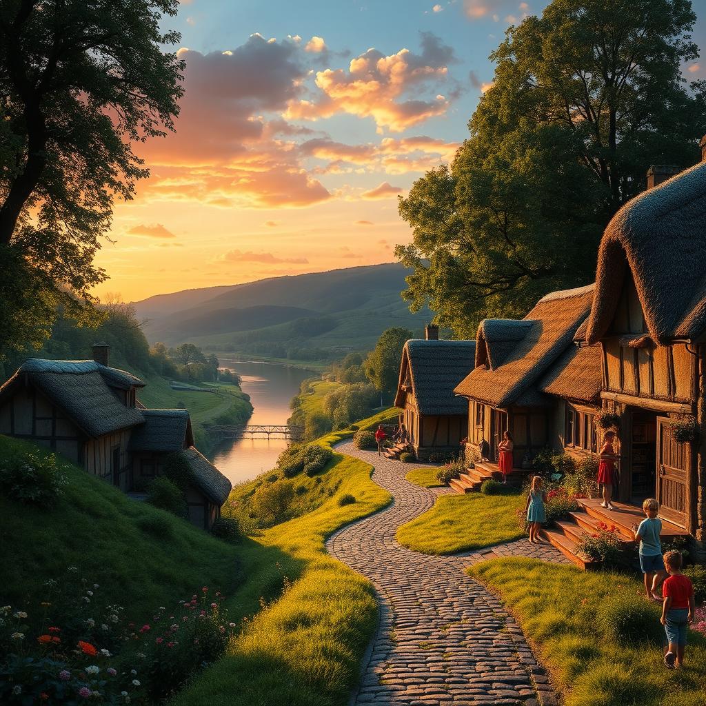 A serene village landscape during sunset, featuring quaint, rustic cottages with thatched roofs nestled among lush green hills