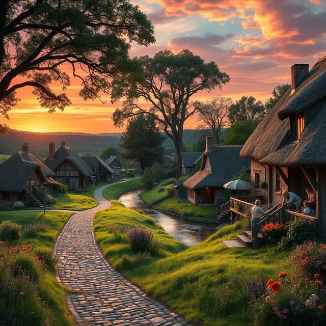 A serene village landscape during sunset, featuring quaint, rustic cottages with thatched roofs nestled among lush green hills