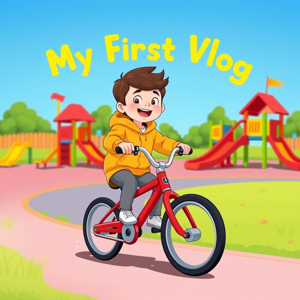 A cartoon-style illustration of a child pedaling a bright red bicycle in a colorful children's play area