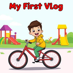 A cartoon-style illustration of a child pedaling a bright red bicycle in a colorful children's play area