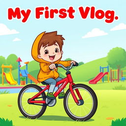 A cartoon-style illustration of a child pedaling a bright red bicycle in a colorful children's play area