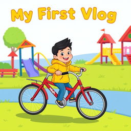 A cartoon-style illustration of a child pedaling a bright red bicycle in a colorful children's play area