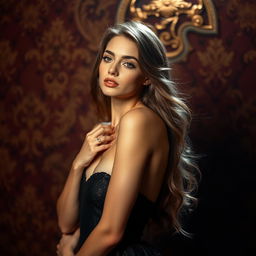 An artistic and elegant representation inspired by high fashion, featuring a beautiful female model with long hair and captivating features