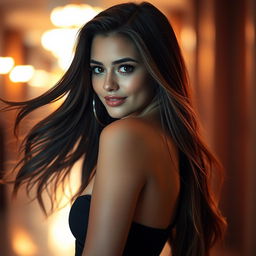 A beautiful and sensual young woman with long, flowing hair, wearing a stylish and alluring outfit