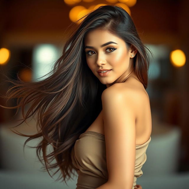 A beautiful and sensual young woman with long, flowing hair, wearing a stylish and alluring outfit