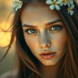 A close-up shot of a beautiful woman with striking features and captivating open eyes that express life and emotion