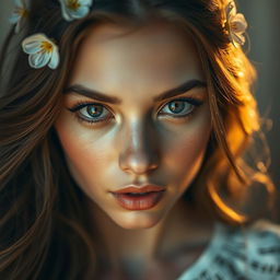 A close-up shot of a beautiful woman with striking features and captivating open eyes that express life and emotion