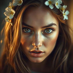 A close-up shot of a beautiful woman with striking features and captivating open eyes that express life and emotion