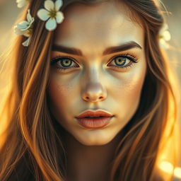 A close-up shot of a beautiful woman with striking features and captivating open eyes that express life and emotion
