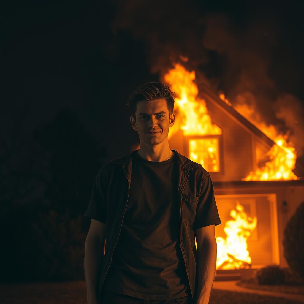 A dramatic scene of a house engulfed in flames, burning brightly against a dark night sky