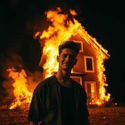 A dramatic scene of a house engulfed in flames, burning brightly against a dark night sky