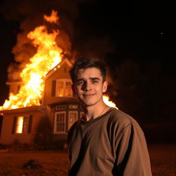A dramatic scene of a house engulfed in flames, burning brightly against a dark night sky