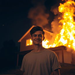 A dramatic scene of a house engulfed in flames, burning brightly against a dark night sky