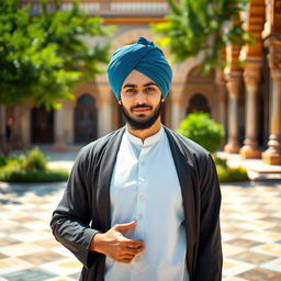 A cool and charismatic young male santri, dressed in traditional Islamic attire, with a distinct turban and a stylish long robe
