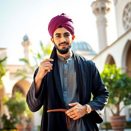 A cool and charismatic young male santri, dressed in traditional Islamic attire, with a distinct turban and a stylish long robe