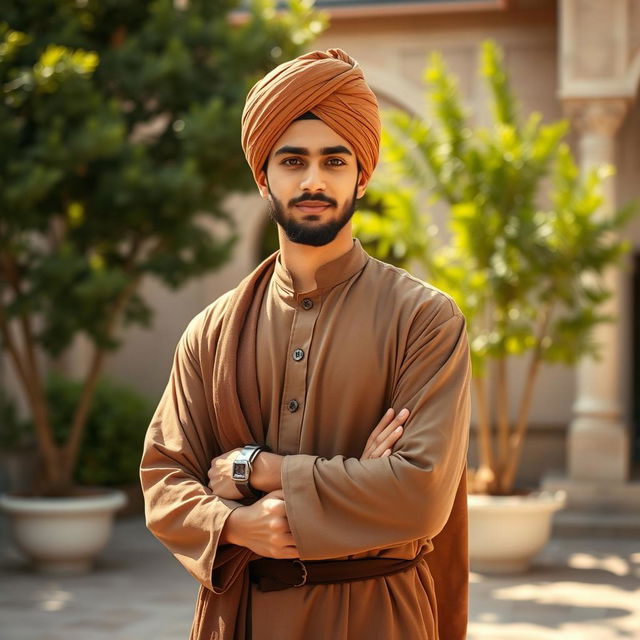 A cool and charismatic young male santri, dressed in traditional Islamic attire, with a distinct turban and a stylish long robe