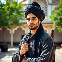 A cool and charismatic young male santri, dressed in traditional Islamic attire, with a distinct turban and a stylish long robe