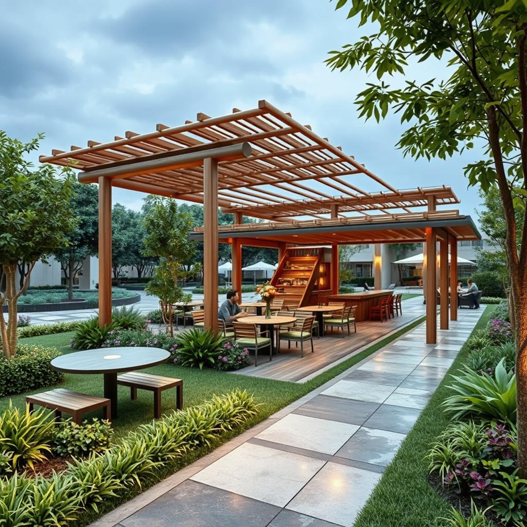 A modern landscape design for a university cafe that resembles a bamboo hut, set in a space of 230 by 200 feet