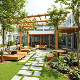 A modern landscape design for a university cafe that resembles a bamboo hut, set in a space of 230 by 200 feet