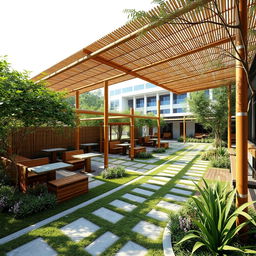 A modern landscape design for a university cafe that resembles a bamboo hut, set in a space of 230 by 200 feet