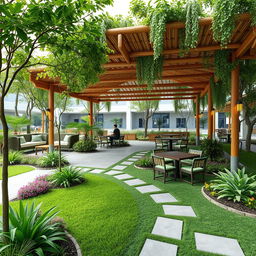 A modern landscape design for a university cafe that resembles a bamboo hut, set in a space of 230 by 200 feet