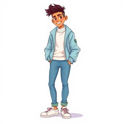 A tall cartoon model with a white background, wearing a white cotton sweater and a light blue sports jacket, paired with blue jeans and white sneakers