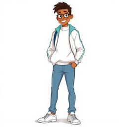 A tall cartoon model with a white background, wearing a white cotton sweater and a light blue sports jacket, paired with blue jeans and white sneakers