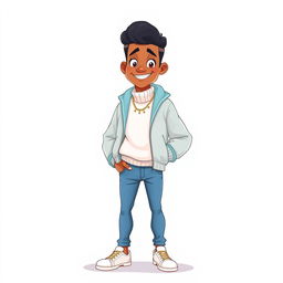 A tall cartoon model with a white background, wearing a white cotton sweater and a light blue sports jacket, paired with blue jeans and white sneakers