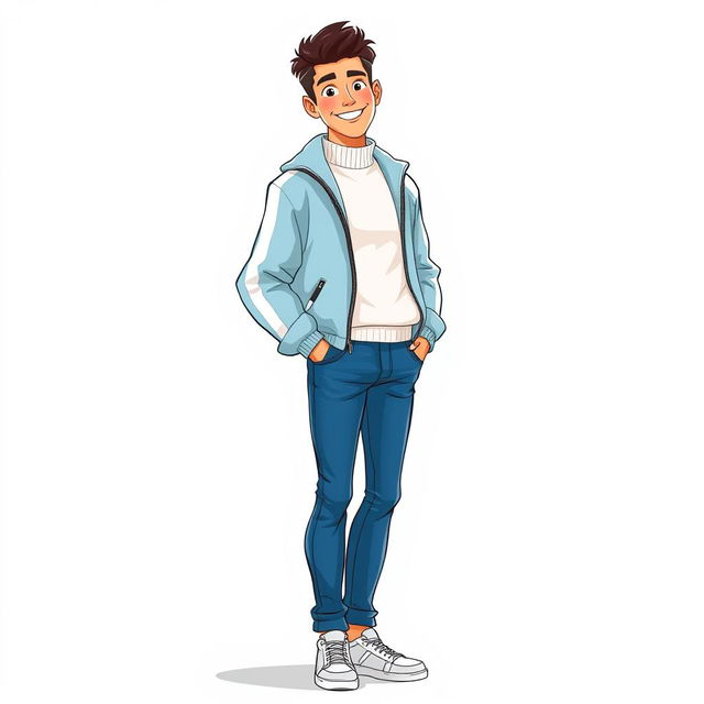 A tall cartoon model with a white background, wearing a white cotton sweater and a light blue sports jacket, paired with blue jeans and white sneakers