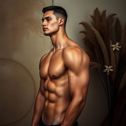 An artistic and tasteful portrayal of a male figure inspired by athleticism and grace, resembling a high-fashion photoshoot featuring a well-built male model
