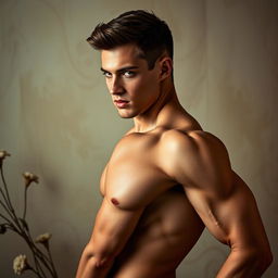 An artistic and tasteful portrayal of a male figure inspired by athleticism and grace, resembling a high-fashion photoshoot featuring a well-built male model