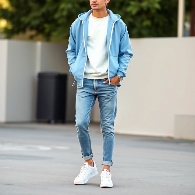 A fashion-forward outfit featuring a white cotton sweater paired with a light blue sporty jacket, complemented by stylish denim jeans and sleek white sneakers