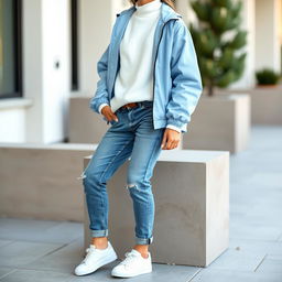 A fashion-forward outfit featuring a white cotton sweater paired with a light blue sporty jacket, complemented by stylish denim jeans and sleek white sneakers