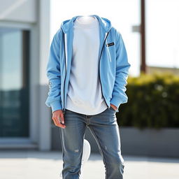 A fashion-forward outfit featuring a white cotton sweater paired with a light blue sporty jacket, complemented by stylish denim jeans and sleek white sneakers
