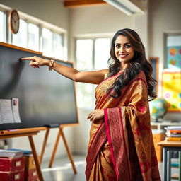 A beautiful female teacher wearing a traditional saree, standing in a classroom filled with educational materials