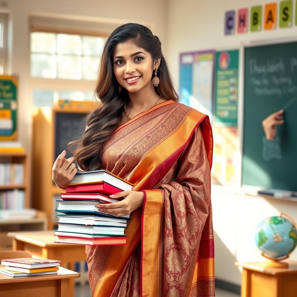 A beautiful female teacher wearing a traditional saree, standing in a classroom filled with educational materials