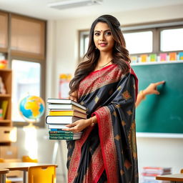 A beautiful female teacher wearing a traditional saree, standing in a classroom filled with educational materials