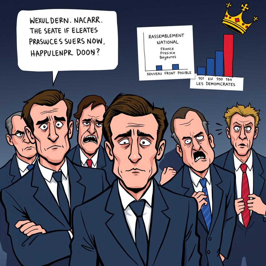 A political cartoon-style image featuring President Macron at the center with a confident and slightly arrogant expression