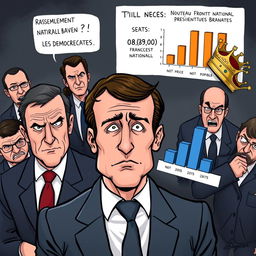 A political cartoon-style image featuring President Macron at the center with a confident and slightly arrogant expression