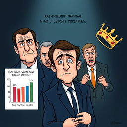 A political cartoon-style image featuring President Macron at the center with a confident and slightly arrogant expression
