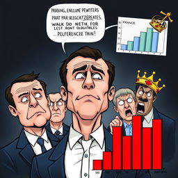 A political cartoon-style image featuring President Macron at the center with a confident and slightly arrogant expression