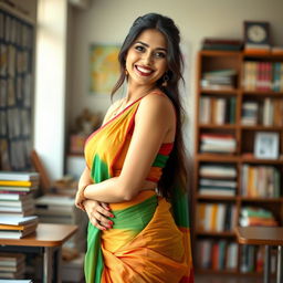 A beautiful and alluring teacher wearing a traditional saree, accentuating her curves while showcasing a hint of her navel