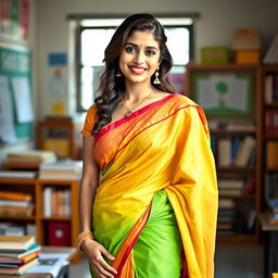 A beautiful and alluring teacher wearing a traditional saree, accentuating her curves while showcasing a hint of her navel